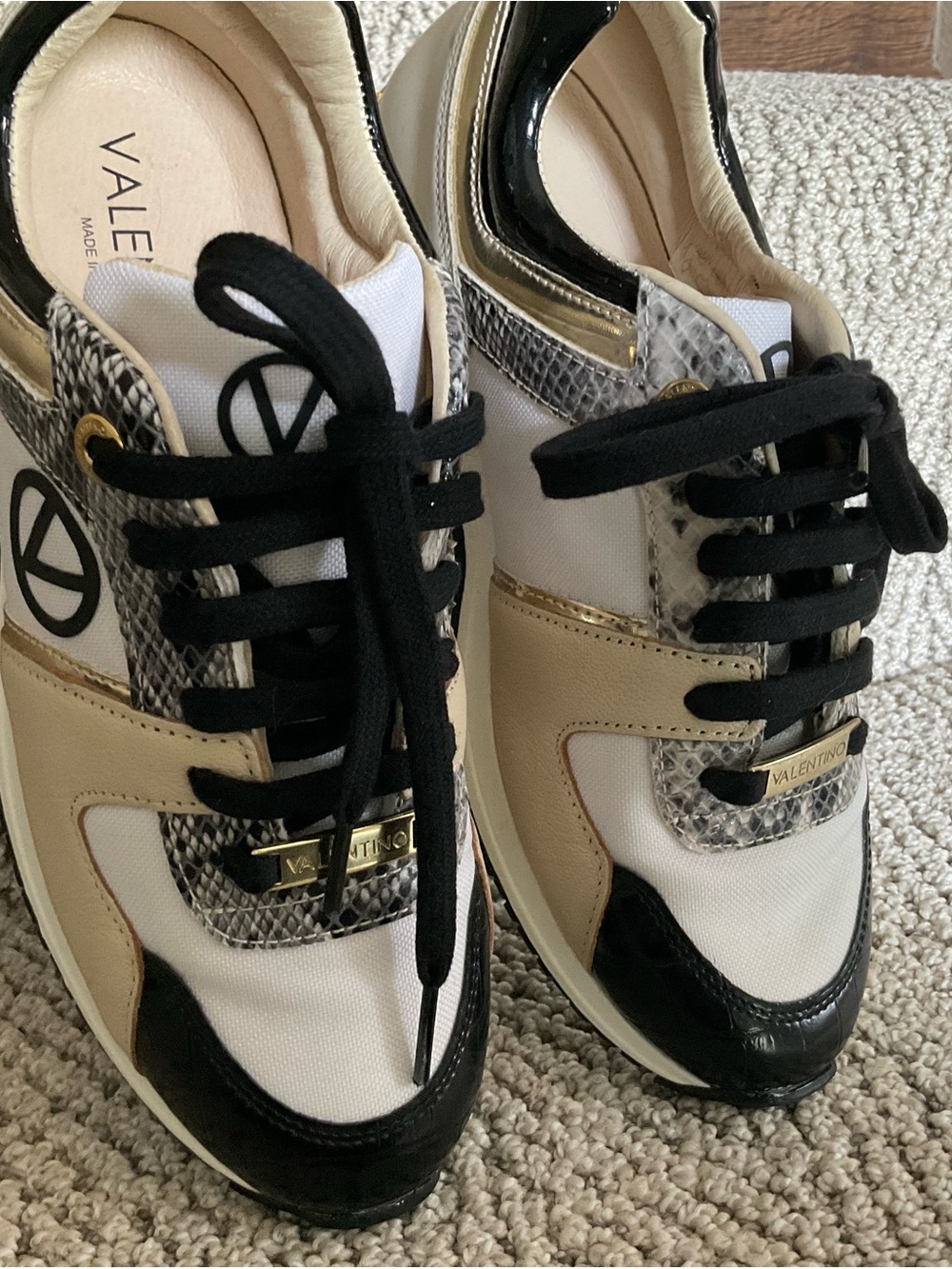 Valentino Black, White, Cream & Gold Mixed-Material Women's Sneakers